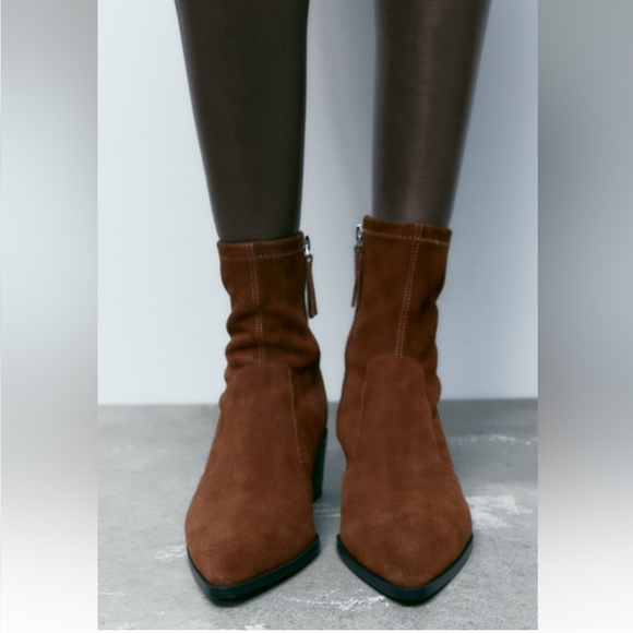 Zara Heeled Suede Leather Ankle Boots Brown Block Heel Size 40 NWT - Picture 5 of 16